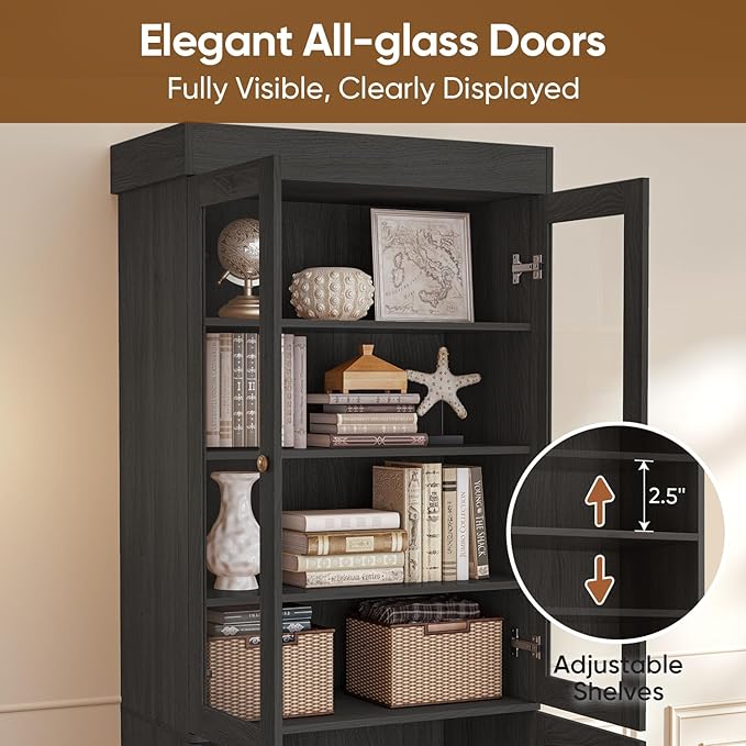 ivaniti 71" Tall Farmhouse Kitchen Pantry, Large Storage Cabinet with Glass Doors, Adjustable Shelves, 3 Drawer, Wood Versatile Hutch Cabinet for Dining Room, Living Room, Black 2 Pcs