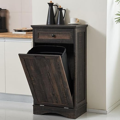 13 Gallons Tilt Out Trash Cabinet Freestanding Kitchen Trash Bin Cabinet Wood Garbage Recycling Cabinet with Hideaway Drawer Pet Proof Trash Can Holder for Kitchen Living Room, Rustic Brown