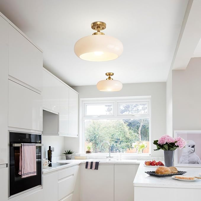 Mid Century Modern Flush Mount Ceiling Light Fixture with Cream White Glass Shade, 15.74 Inch Minimalist Chandelier for Bedroom Kitchen, Easy to Install, E26 Base