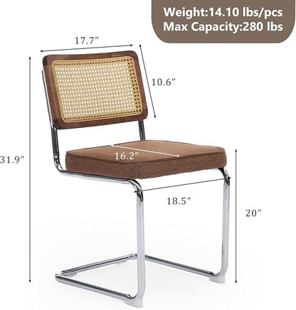 Rattan Back Linen Dining Chair Set of 4 Modern Breuer Designed Stainless Chrome Base Armless Upholstered Dining Chair for Dining Room, Kitchen Island(Coffee)