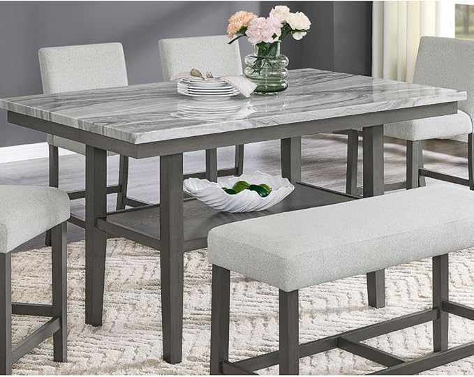 Counter Height Dining Table with Faux Marble Top and Storage Shelf for Kitchen Island Use