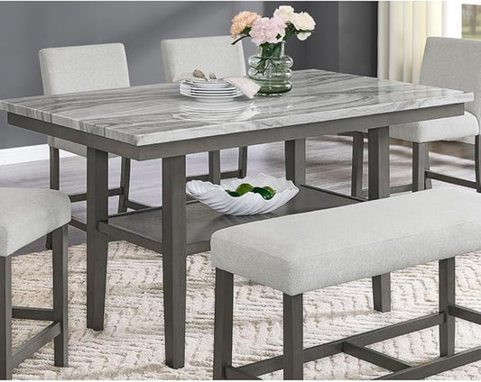 Counter Height Dining Table with Faux Marble Top and Storage Shelf for Kitchen Island Use