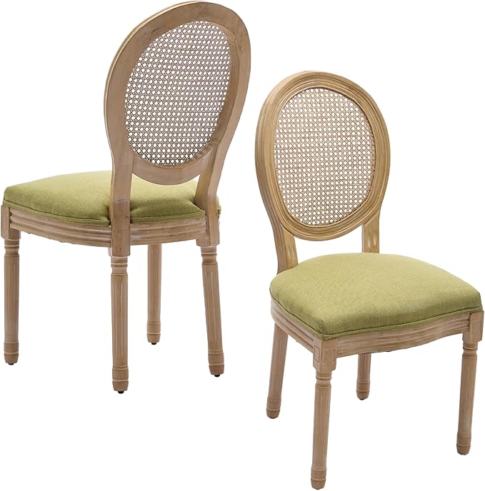 Linen Wooden Dining Chair Set of 2, Upholstered Farmhouse Dining Chair with Solid Wood Frame, Kitchen & Dining Room Chairs for Living Room, Restaurant, Bedroom (Green-Rattan, Set of 2)