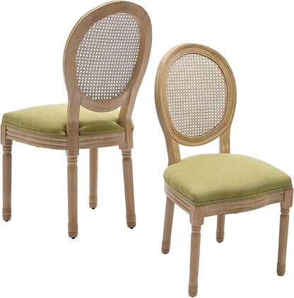 Linen Wooden Dining Chair Set of 2, Upholstered Farmhouse Dining Chair with Solid Wood Frame, Kitchen & Dining Room Chairs for Living Room, Restaurant, Bedroom (Green-Rattan, Set of 2)