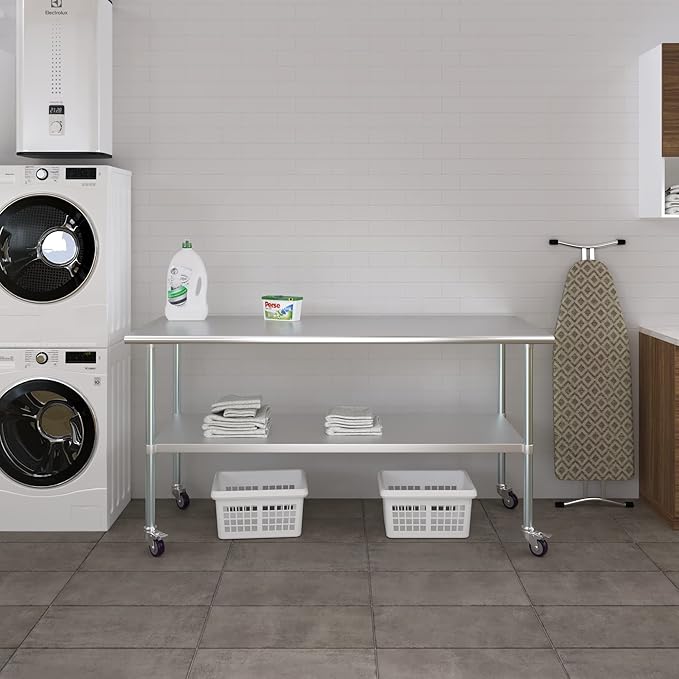 Stainless Steel Work Table with Wheels | NSF Kitchen Island Food Prep | Laundry Garage Utility Bench (Table + Wheels, 72" Long x 30" Deep)