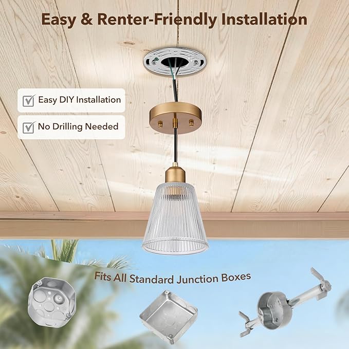Pendant Lights Kitchen Island, Gold Pendant Light Fixtures with 5.8mm Thick Glass Shade and Adjustable Cord, Modern Pendant Lighting for Bathroom, Dining Room, Bedroom, 3 Pack
