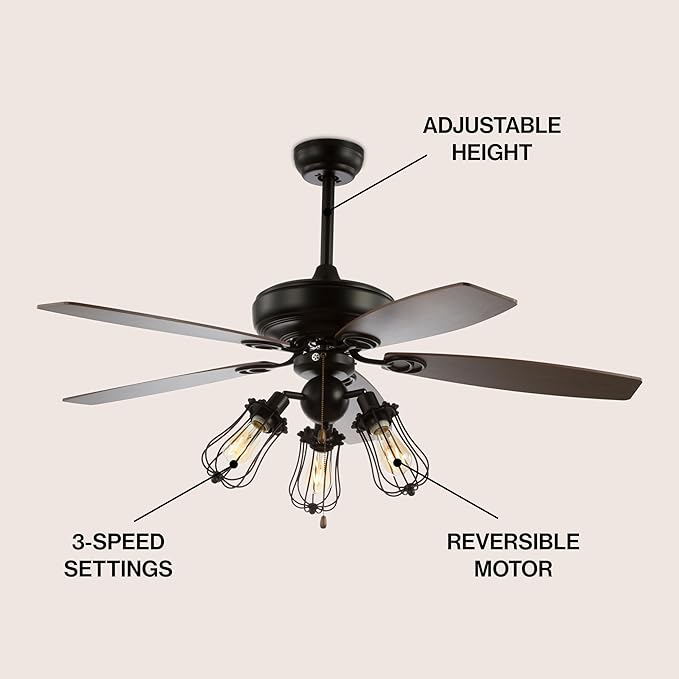 JONATHAN Y 52" Black 3-Light Iron and Wood Ceiling Fan, Industrial Caged Design with 5 Reversible Ashwood/Brown Blades, Pull-Chain, Rustic Farmhouse Style, LED Bulbs Included JYL9601A