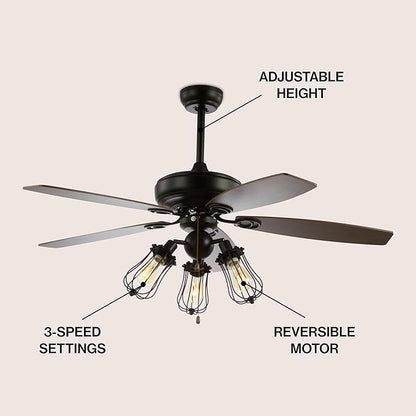 JONATHAN Y 52" Black 3-Light Iron and Wood Ceiling Fan, Industrial Caged Design with 5 Reversible Ashwood/Brown Blades, Pull-Chain, Rustic Farmhouse Style, LED Bulbs Included JYL9601A