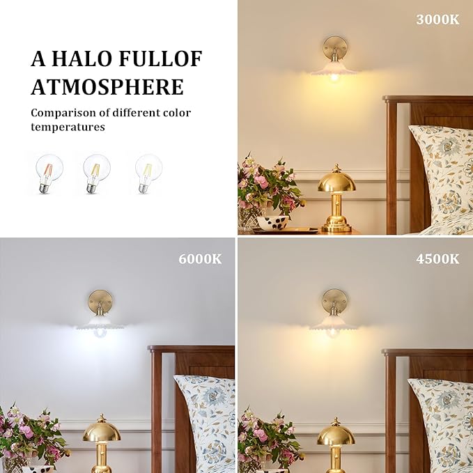 Shenmoyl Vintage Wall Sconces with White Lotus Glass Lampshade 180 Degree Adjustable Brass Sconces Hradwired Modern Wall Lighting Fixture with Switch for Bedside Bedroom Doorway
