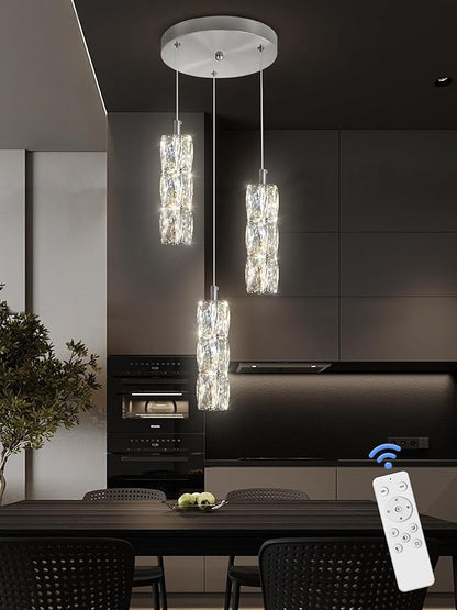 ykolupty Pendant Lights Kitchen Island 3-Lights Silver Crystal Chandelier for Dining Room Hallway Stairwell,LED Dimmable 2700K-6000K