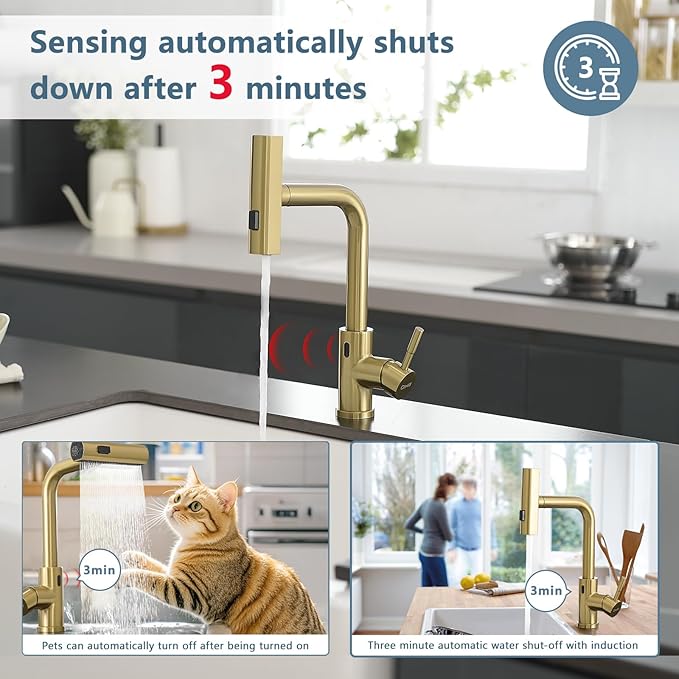 GIMILI Gold Touchless Kitchen Faucet with Pull Down Sprayer, 15” Hight Single Hole Handle Kitchen Sink Faucets