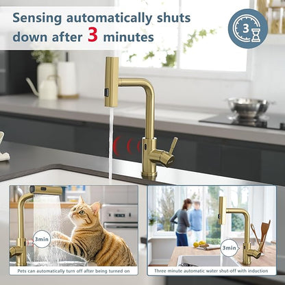 GIMILI Gold Touchless Kitchen Faucet with Pull Down Sprayer, 15” Hight Single Hole Handle Kitchen Sink Faucets