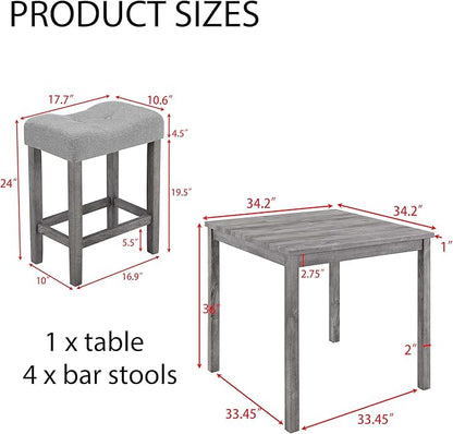 LKTART Dining Bar Table and Chairs Set 5 Piece Bar Table Set, Industrial Breakfast Table with 4 Padded Stools for Kitchen Dining Room Living Room (Gray)