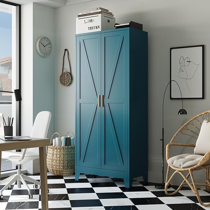 Bevivog 71" Tall Storage Cabinets, Farmhouse Metal Cabinet Bookshelf with 2 Doors and 4 Adjustable Shelves, Blue Kitchen Pantry Cabinets for Kitchen Living Room, Home Office, Laundry, Bathroom