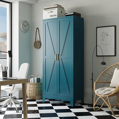 Bevivog 71" Tall Storage Cabinets, Farmhouse Metal Cabinet Bookshelf with 2 Doors and 4 Adjustable Shelves, Blue Kitchen Pantry Cabinets for Kitchen Living Room, Home Office, Laundry, Bathroom