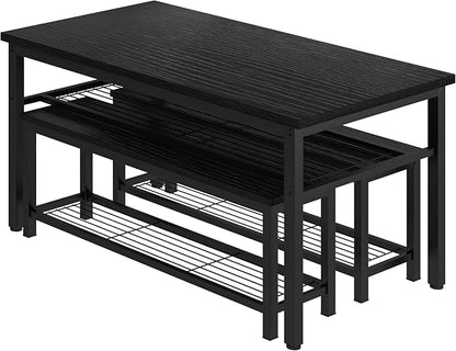 AWQM 43.3" Dining Table Set for 4, Kitchen Dining Table with 2 Benches, Dining Room Table Set with Metal Frame & Storage Rack for Kitchen, Restaurant, Black