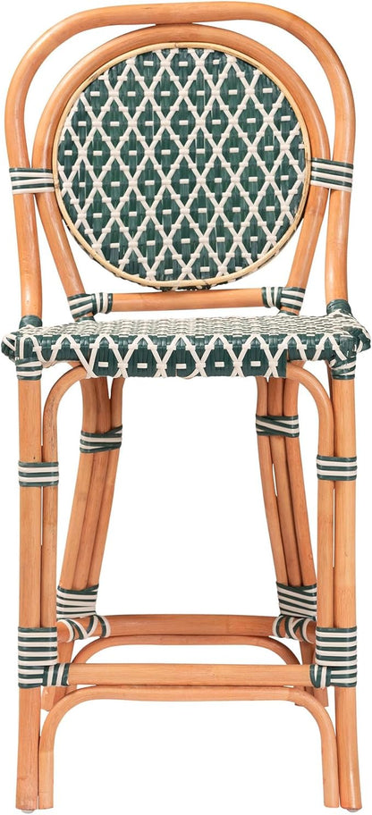 Bali & pari Mattie Rattan Bistro Counter Stool - Handwoven Accent Seating with Backrest for Kitchen Island or Indoor/Outdoor Lounge, Dark Teal Green & White