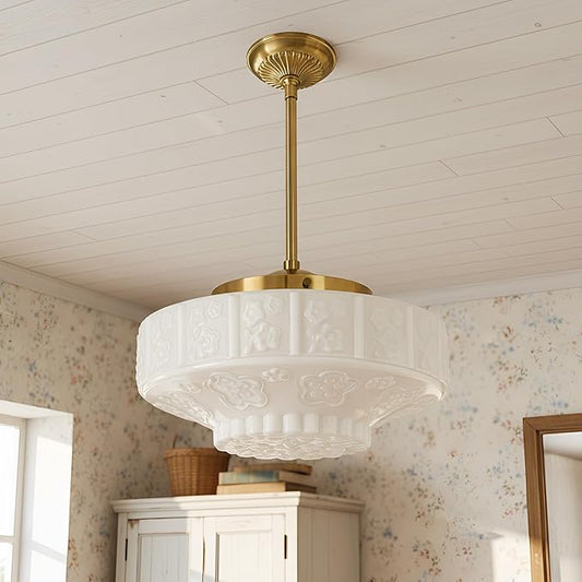 Vintage Milk Glass Pendant Light Fixture, 11.8" White Flowers Glass Chandelier, Antique Pendant Lights for Kitchen Island Lighting, Hallway, Bedroom, Dining Room, E26 Bulb Included (White, 11.8)
