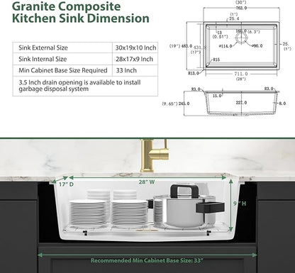 30 Inch Undermount Kitchen Sink White Quartz Granite Composite Single Bowl Kitchen Sinks Workstation Ledge Under Counter Large Deep Classic Sinks 30" x 19" x 10"
