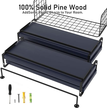 Wood Floating Shelves Wall Mounted - 4+1 Tier Rustic Bathroom Wall Shelves Over Toilet with Wire Storage Basket and Towel Bar, set of 4 Farmhouse Floating Shelf for Bathroom, Kitchen,Navy Blue.