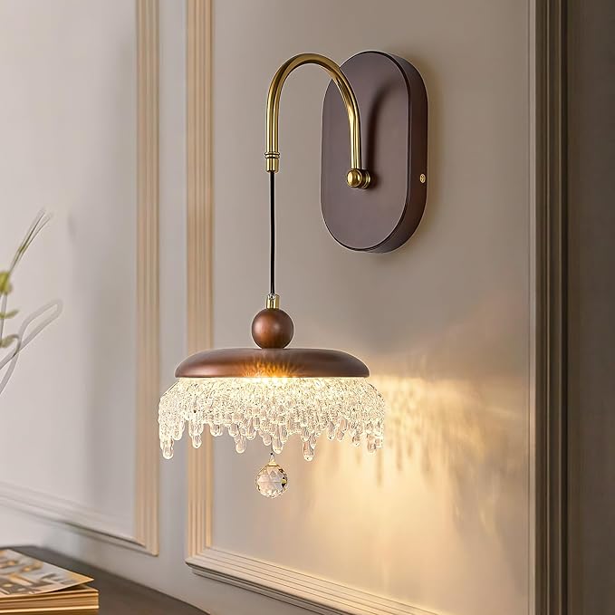 LED Wall Sconce,Wood Wall Light Fixtures,8" Indoor Hardwired Wall Light,Vintage Scones Lighting for Bedroom Living Room Bathroom Dining Room Hallway (1 Pack)