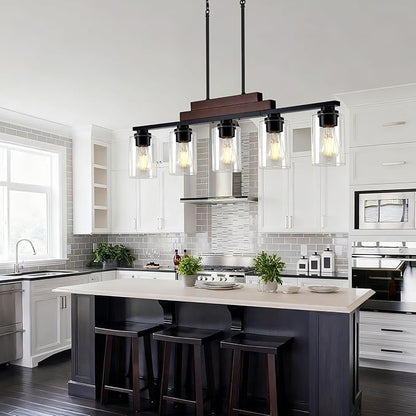 Dining Room Light Fixture Over Table, 5-Light Farmhouse Chandeliers for Dining Room Hanging, Linear Pendant Lights Kitchen Island Lighting, Wood Ceiling Light Fixture with Clear Glass Shade, Black