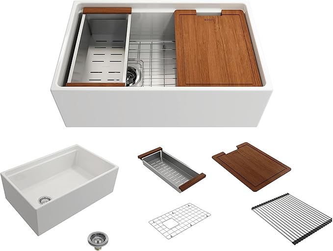BOCCHI Contempo Workstation Apron Front Step Rim Fireclay 30 in. Single Bowl Kitchen Sink with Accessories in White