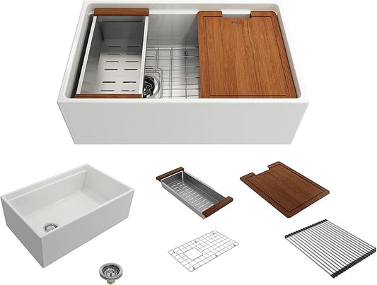 BOCCHI Contempo Workstation Apron Front Step Rim Fireclay 30 in. Single Bowl Kitchen Sink with Accessories in White