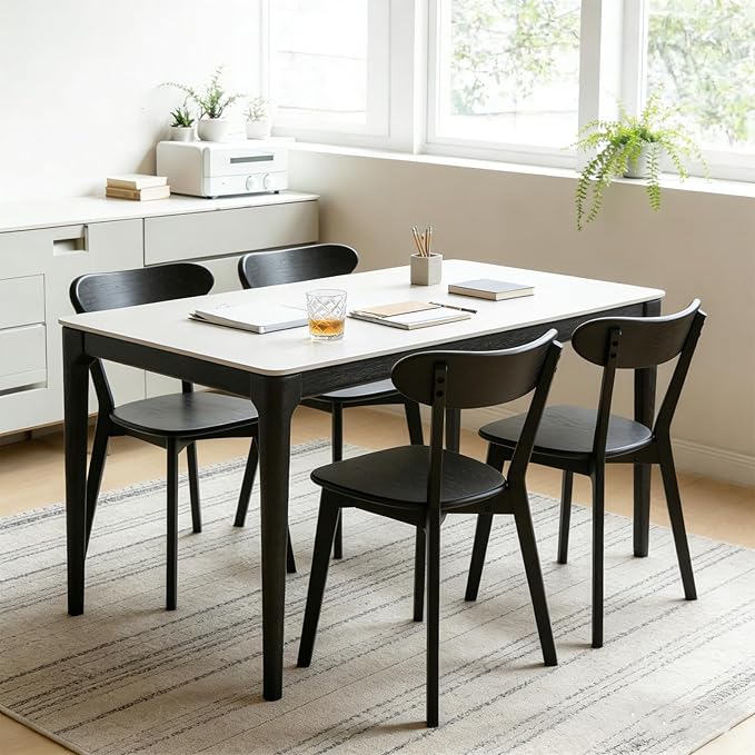 Black Dining Chairs Set of 2, Solid FAS Grade Oak Wood Kitchen Chair Pair, Modern Curved Back & 400lb Capacity, Easy Assembly for Breakfast Nook & Cafe