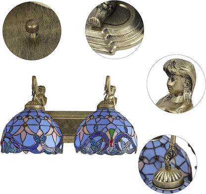 Wall Sconce Lighting with Mermaid 2-Light Antique Wall Light Fixture Stained Glass Bowl Shade Bronze Finish Retro Vintage Wall Lamp for Bedroom Hallway Stairway Balcony Bathroom (Blue)