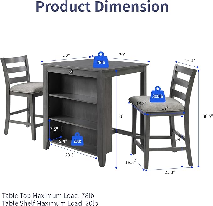 Bar Table Set with Charging Station & 3-Tier Storage, Space-Saving Dining Table Set for 2 with Upholstered Chairs, Small Kitchen Island for Apartment (30 inch+Gray)