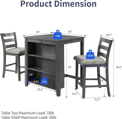 Bar Table Set with Charging Station & 3-Tier Storage, Space-Saving Dining Table Set for 2 with Upholstered Chairs, Small Kitchen Island for Apartment (30 inch+Gray)