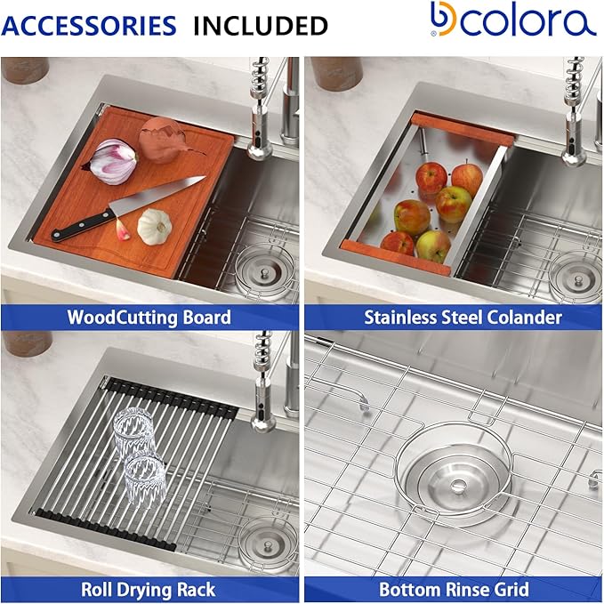 Dcolora 33x19 Kitchen Sink Drop In with Workstation Handed-Welding 16 Gauge 304 Stainless Steel Large Single Bowl Drop In Sink Top mount Brushed Nickel, #DC-T7764