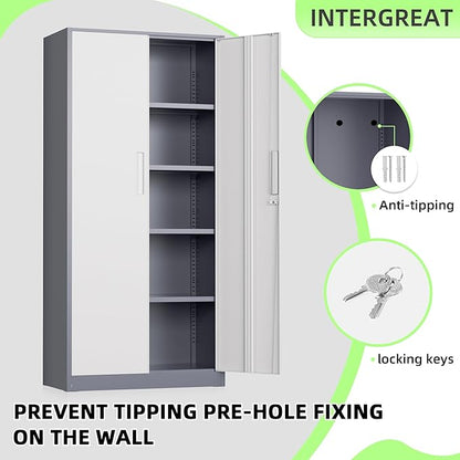 INTERGREAT Metal Storage Cabinet, 72" Locking Steel Cabinets with 2 Door and 4 Adjustable Shelves, Tall Metal Cabinet for Home Office, Garage, Warehouse,(New Grey)