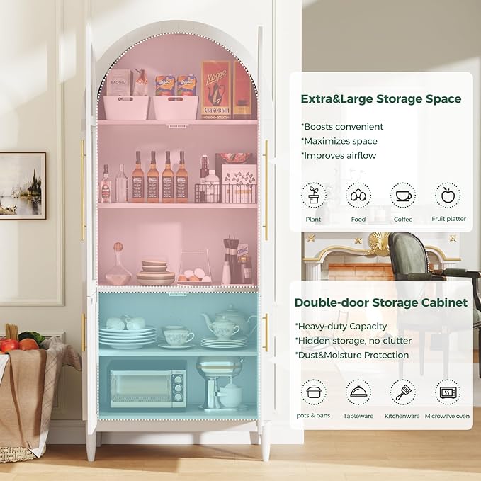 71” Tall Arched Kitchen Pantry Cabinet, 5-Tier Modern Farmhouse Flute Pantry with Adjustable Shelves, Kitchen Storage Cabinet for Kitchen, Dining Room, Living Room, White