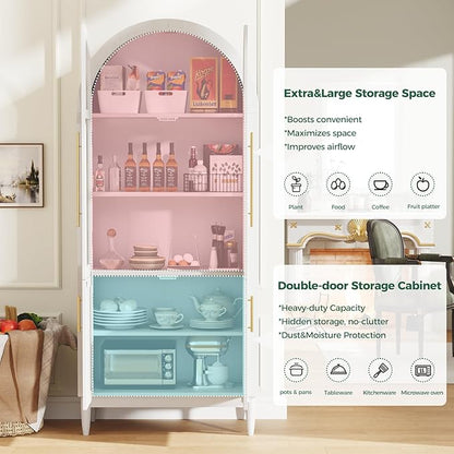 71” Tall Arched Kitchen Pantry Cabinet, 5-Tier Modern Farmhouse Flute Pantry with Adjustable Shelves, Kitchen Storage Cabinet for Kitchen, Dining Room, Living Room, White