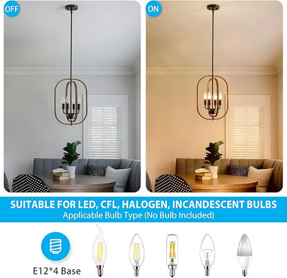 XINGQI Small Chandeliers for Dining Room, 12.2" Modern Farmhouse Pendant Lighting Fixture Rustic Metal 4-Light Black and Wood Grain Finish for Entryway Bedroom Hallway Foyer Kitchen Office Bar