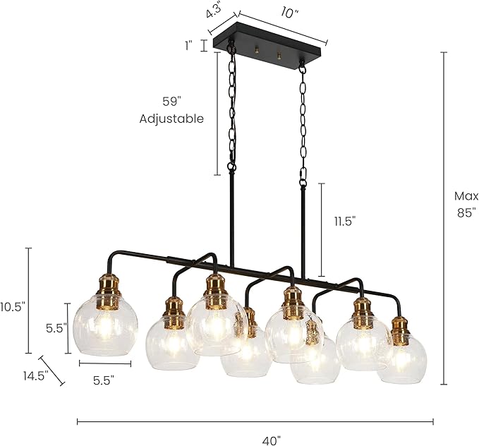KSANA 40" Large Rectangular Linear Chandelier, 8-Light Black Gold Kitchen Island Lighting with Seeded Glass Mid-Century Modern Dining Room Light Fixtures for Living Room, Kitchen, Hallway, Bedroom