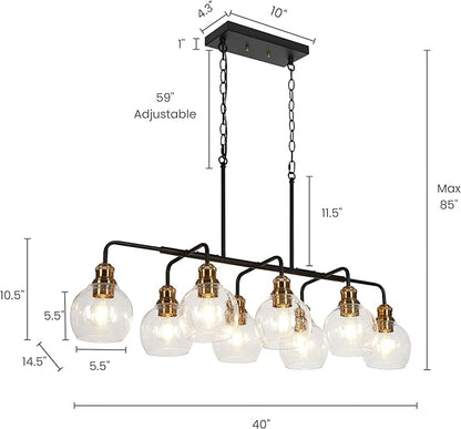 KSANA 40" Large Rectangular Linear Chandelier, 8-Light Black Gold Kitchen Island Lighting with Seeded Glass Mid-Century Modern Dining Room Light Fixtures for Living Room, Kitchen, Hallway, Bedroom