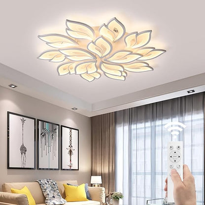 JAYMP 39.4" Flower Shaped Ceiling Light Dimmable Modern Ceiling Lamp Remote Control LED Lighting Fixture for Living Room Kitchen Dining Room (White/15 Petals)