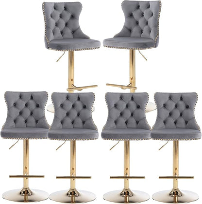 Rhomtree Velvet Swivel Bar Stools Upholstered Bar Stool with Button Tufted Back and Pull Ring Height Adjustable Barstools 25-33 Inch for Home Pub and Kitchen Island (Gray with Gold Base, Set of 6)