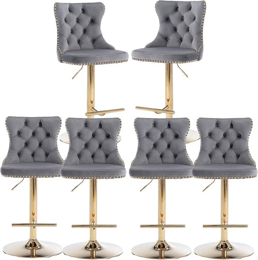 Rhomtree Velvet Swivel Bar Stools Upholstered Bar Stool with Button Tufted Back and Pull Ring Height Adjustable Barstools 25-33 Inch for Home Pub and Kitchen Island (Gray with Gold Base, Set of 6)