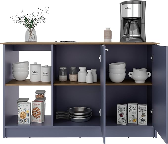 GOWE Kitchen Island 35.7" H, 2 Doors, 6 Shelves, Alby Blue/Natural Oak - Kitchen