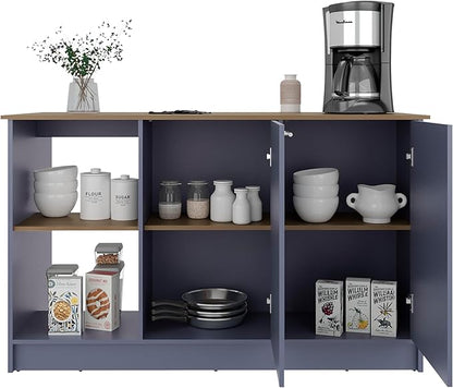 GOWE Kitchen Island 35.7" H, 2 Doors, 6 Shelves, Alby Blue/Natural Oak - Kitchen