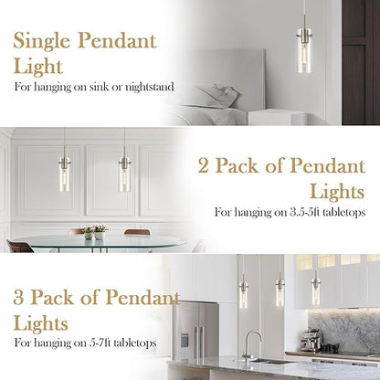 Glass Brushed Nickel Pendant Light, 2 Pack Modern Kitchen Island Pendant Lighting with Ribbed Glass, Adjustable Cord Pendant Light for Over Island, Dining Room, Bathroom Bedroom