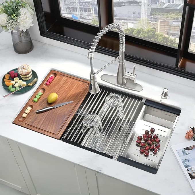 31 Undermount Kitchen Sink Double Bowl-iAnomla 31 x19 Inch Stainless Steel Undermount Sink Workstation 16 Gauge 50/50 Low Divide Double Bowl Kitchen Sinks with Cutting Board