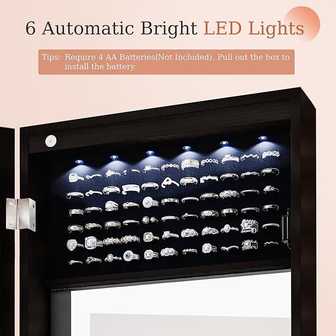 Unisakey Mirror Jewelry Cabinet,Lockable Wall or Door Mounted Jewelry Armoire Organizer With Built-up Mirror,LED Lights, Drawers,Cosmetic Trays,Shelves, 14.4"x3.15"x 43.1"（Black）
