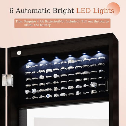 Unisakey Mirror Jewelry Cabinet,Lockable Wall or Door Mounted Jewelry Armoire Organizer With Built-up Mirror,LED Lights, Drawers,Cosmetic Trays,Shelves, 14.4"x3.15"x 43.1"（Black）