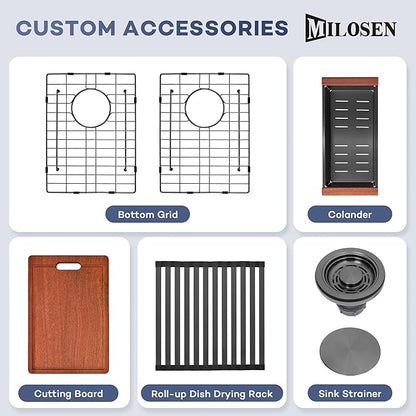 MILOSEN 31 Inch Black Double Bowl Kitchen Sink, 31''x22'' Drop in 16 Gauge T304 Black Stainless Steel Sinks, Workstation Sink 50/50 Topmount Double Basin with Accessories, 10'' Large and Deep Sinks