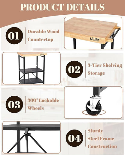 Foldable Kitchen Storage Cart with Solid Oak Top, Heavy-Duty Metal Frame, 3-Tier Rolling Utility Rack, Kitchen Island on Lockable Wheels for Microwave, Toaster Oven & Food Prep